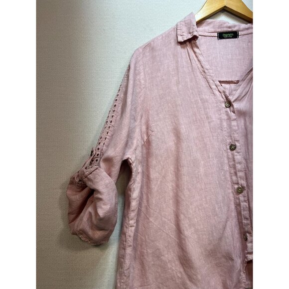 Cherishh Women's Linen Shirt Blouse Tie Hem Size L/XL Pink Roll Tab Sleeve - Picture 6 of 11
